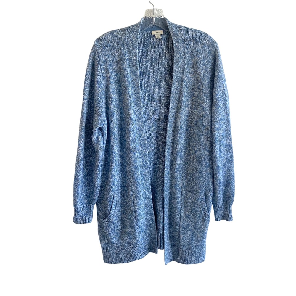 LL Bean Womens XL Blue Marled Cotton Open Front Cardigan Sweater 503637